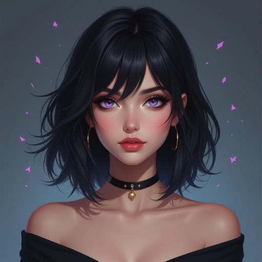 Show her entire body. Create mysterious woman jet-black hair is cut sharp to her jawline, and her violet eyes seem to pierce through darkness. A shadowy aura clings to her form, faint shapes shifting and flickering behind her like whispers of another realm. Show whole body head to toe