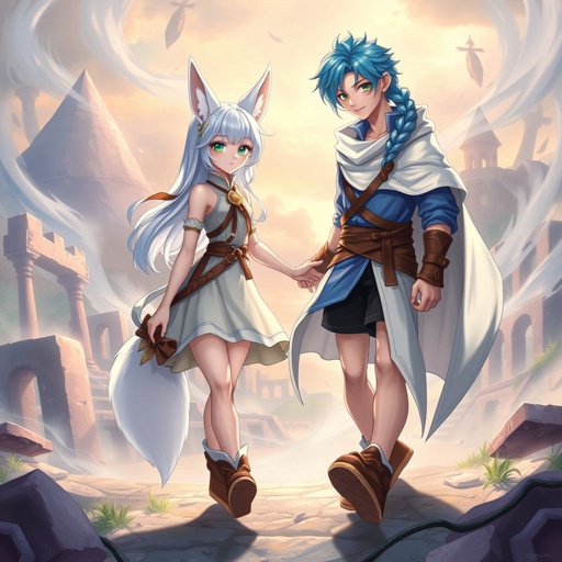 A pale teenage girl wearing a black hoodie and royal black trousers with emerald eyes and hair as white as snow and small fox ears bump into a young man with beige hair in the style of a braided half-up wearing a blue shirt and white cloak, black shorts, tights and boots with ocean blue hair