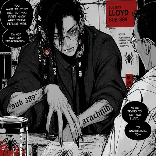 Anime white and Asian male,name is Lloyd,hair messy long braided black hair with white stripes,clean shaven,highly skilled,in late 20s,migraines,sarcastic,red glowing eyes,one eye is severely damaged,serious face,been unwillingly experiment on for many years until finally found and rescued ,has power of a spider and control spiders make traps poison and crawl on walls and ceiling dangerous,glasses,wears a loose jacket a nice fully covered shirt ,loves spiders, nice big earrings,a tattoos on left that means arachnid and on right arm a tattoo that says sub 389,doesn't remember anything from his past except the experiments, long scary fingers, spider fangs, traumatized,special agency is keeping an eye on him. Lloyd and a scientist having a conversation, scientist “do you know where you originally lived or any relatives” Lloyd “no… but why does that matter know? Who cares I don’t,there’s no point, I wouldn’t be recognized by them anyway”scientist”you don’t care to find out who you are?” Lloyd “no…I don’t” scientist “what else do you remember?” Lloyd staring of in the distance with a small look of fear in his eyes says “only the experiments”as a comic