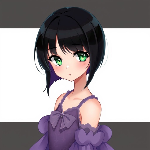 Short black hair. Jade green eyes. Purple ball gown 