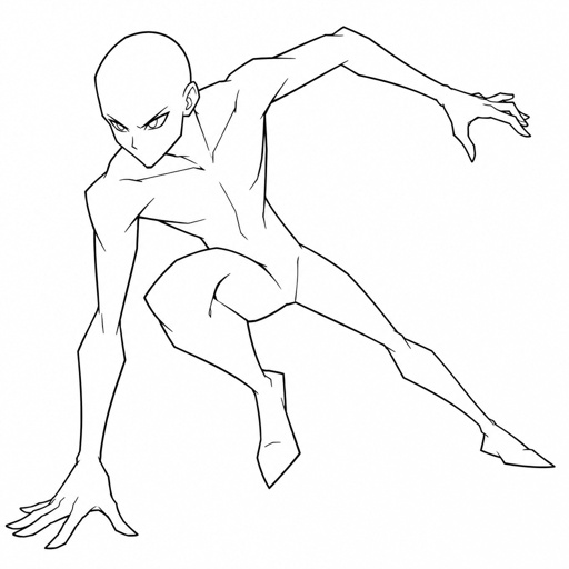 Base pose drawing, cartoon style, bald, random pose, no color, pointy body