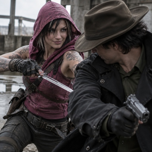 Female, black jagged hair cut, neck length, white strands, two lip piercings, blue eyes, magenta sleeveless hoodie hood up, dark magenta satchel, belt with knife attached, gloves, tattoos on both arms, holding knife, smirk, Male, no facial hair, brown fedora that covers eyes, black back hair spiky, black trench coat with upturned collar, green shirt, holding gun, fighting the other