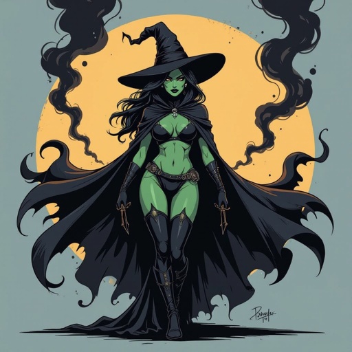 sexy shadow demon witch gypsy slate grey skin large black billowing cloak that emits darkness and shadow smoke. Two piece. Witches Hat.  Wields Black Evil Shadow Smoke Daggers