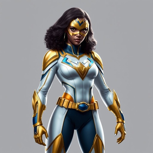 A teenage African American female with shoulder length curly hair  in a side part style superhero  wearing a MASK and a slightly armored white and gold suit with white pants and blue accents and a stylized V as her chest emblem a utility belt and gold boots