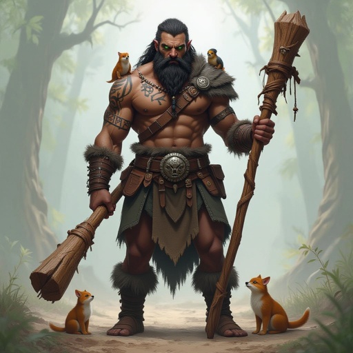Kael the Beastbound – A rugged, broad-shouldered man with black skin and a rough beard, wearing armor made from bone and leather. deep green eyes tattoos of animal tracks spiral down his arms. He carries a massive wooden staff carved with the shapes of beasts, and small creatures often perch on his shoulders or follow at his feet.