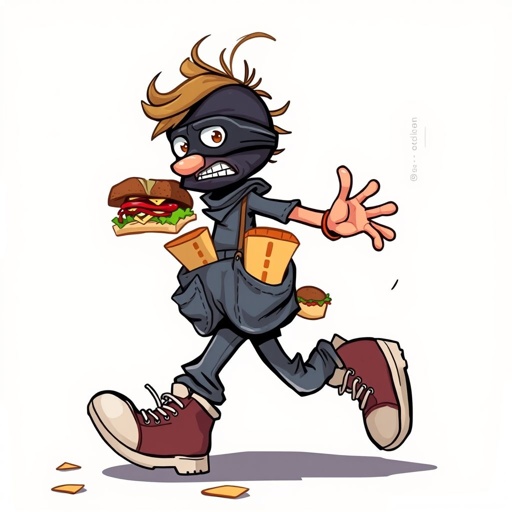 Create a funny looking clumsy sandwhich thief with funny shoes on. Make him have on the bandit black thing around his eyes 