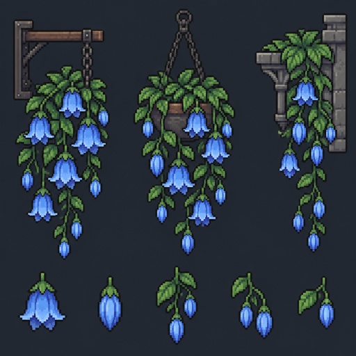 hanging blue flowers closed for a fantasy game set in modern times, top down style