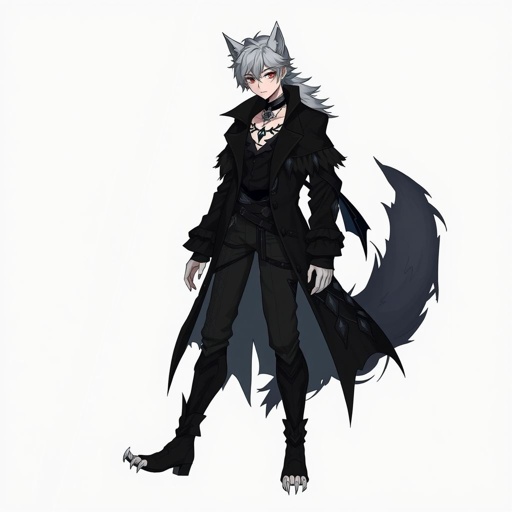 Create in anime style, a young adult, pale skinned, gothic male human wearing black attire and has werewolf features including werewolf’s ears and werewolf’s claws and a werewolf’s tail. 