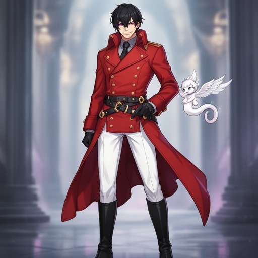 adult human man, mature, tall, badass, black short hair, Fuchsia purple eyes, white pants, black boots, red double breasted greatcoat, gold buttons, black belts, sly smile,
tiny friendly elegant white winged snake flying next to him