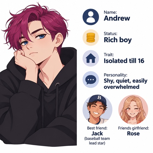 Male name Andrew, rich boy, isolated till he was 16, has neat neck long swooped on left side fuchsia purple hair, deep beautiful Azure eyes,gives sassy look at people, shy, quiet, easily overwhelmed, only friend is his next door neighbors son whose name is jack the lead star of baseball team and jack has a girlfriend named rose