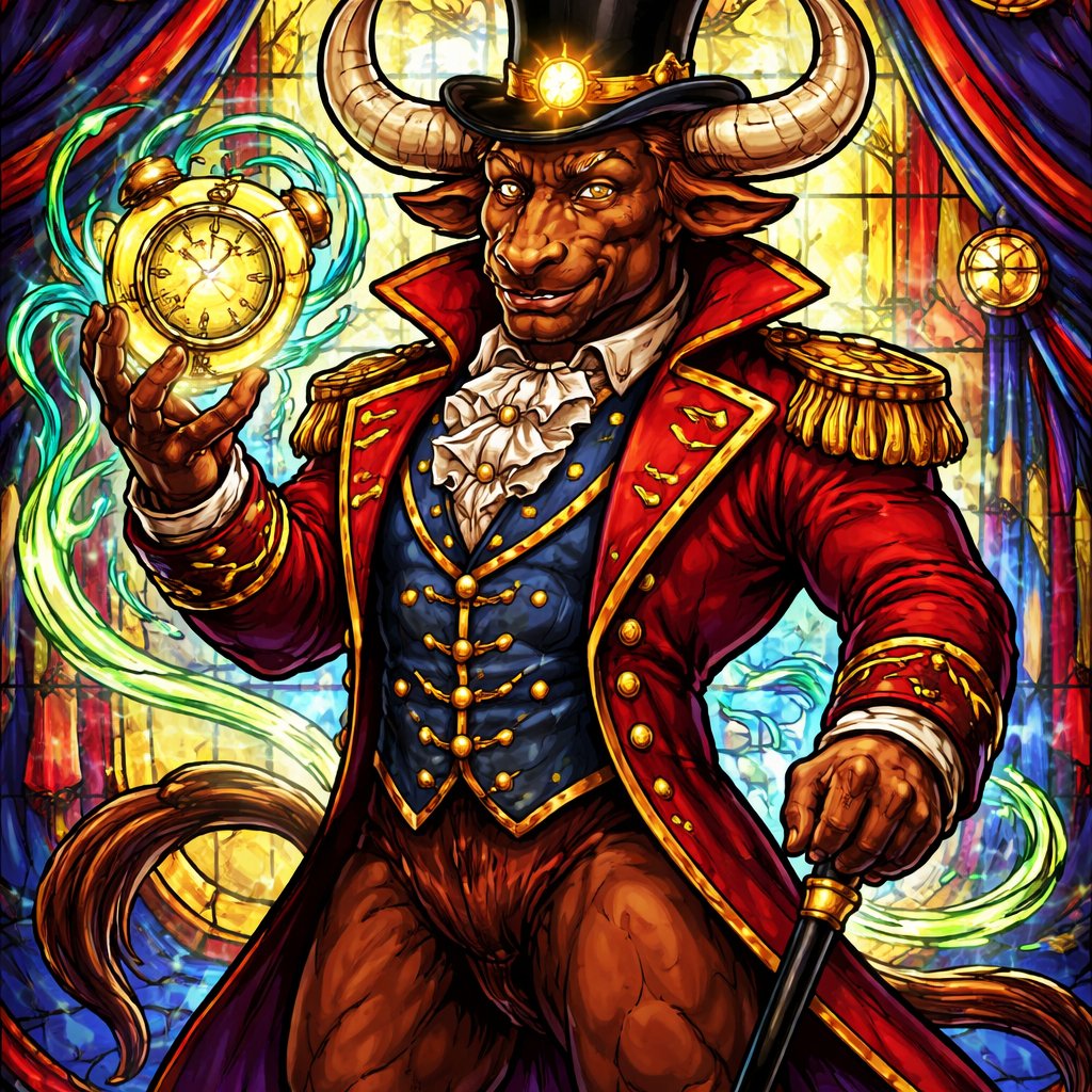 A male chestnut brown Minotaur with deep set cattle like brown eyes, large powerful gleaming horns like his fathers, a well~proportioned figure/body at lest 6 foot tall, long tail. He works at freak show as the ringmaster and his abilities are Reality Rejection, Time Manipulation (Chronokineses), Zoolingualism (Language of Cattle only), Human Speech. He’s basically a hybrid with his mother being a human with half-animal (Cretan Cattle) physiology and his father a Cretan Bull.