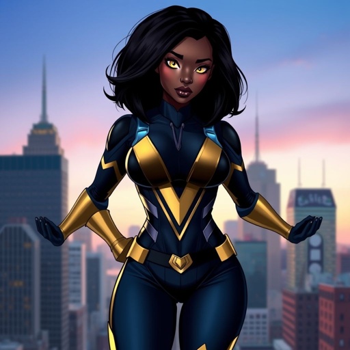 African American female superhero with hair in a shoulder length side part hairstyle with pure Gold Glowing eyes wearing a black blue and gold accented suit with navy blue pants and gold knee length boots with a V with the top half gold and the bottom half black as her chest emblem in Philadelphia