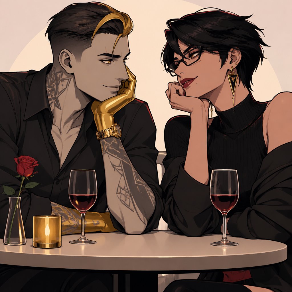 Midas from Fortnite, Bayonetta from super smash bros short hair casual clothes, on a date, background