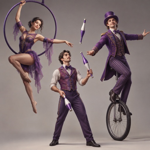 Zirkus Artisten  in lila Kleidungen 