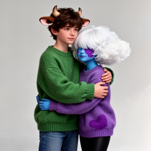 Two characters hugging wearing matching sweaters. The boy has a green one and the girl has a purple one. The boy has dark brown hair, small horns and cute cow ears. He is a little taller than the girl and usually has a blank expression but blushes a lot around her( he is also wearing jeans) the girl is wearing a matching purple sweater ( both are oversized) , her skin is blue with purple patches and she has a soft cloud shaped poof of white hair that covers her eyes. She is also wearing black leggings.  She has cute blushing cheeks and two small black dots on each .A purple patch covers right side of her face. 