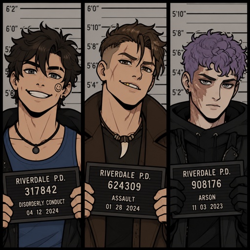 Male, neck length dark brown messy hair, no bangs, smiley face on cheek, dimples, grey eyes, eyebrow slit, blue tank top, black jacket, black necklace, Male, no facial hair, brown choppy messy hair undercut, smirk, pale, gold tooth, scar under eye, scar on cheek, brown long jacket, no facial hair, late 30s, tooth necklace, Male, short curly purple hair, burn scar on right cheek, pale, grey eyes, black jacket, gloves, mug shots separate screens