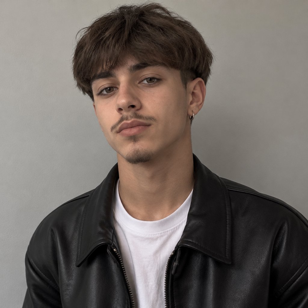 Teen Boy, Petit Goatee, Pencil Mustache, Brown Modern Bowl Cut Hair, One Tiny Hoop Of Earring, Black Leather Jacket, White Shirt