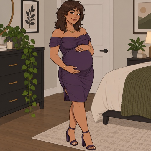 Female, pregnant, straight brown medium length wolf cut hair ears completely covered by hair, freckles, dimples, long eyeliner, upturned nose, bad guy, knee length purple dress off the shoulders, jewelry, necklace infinity symbol, heels, wedding ring, smirk, no cleavage showing, happy
