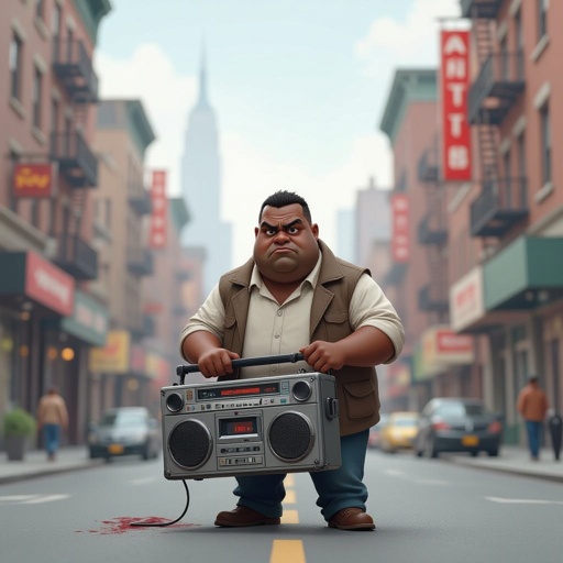 Create a kinda dark skin funny looking fat guy who isnt friendly from New York  has a boom box radio and is a stoner 