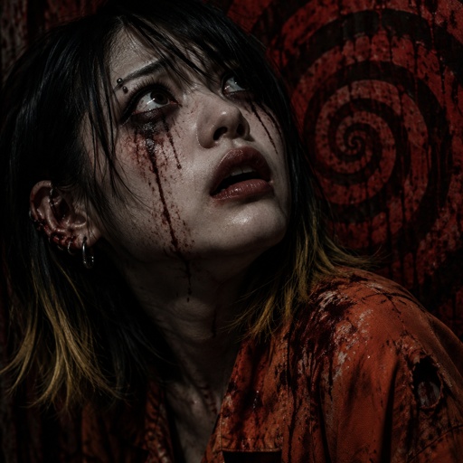Asian female, with straight black neck length hair, yellow tips, side bangs on one side, eyebrow piercing, under eye mascara, ear piercing, cool clothes orange, looking up scared, red spiral background 
