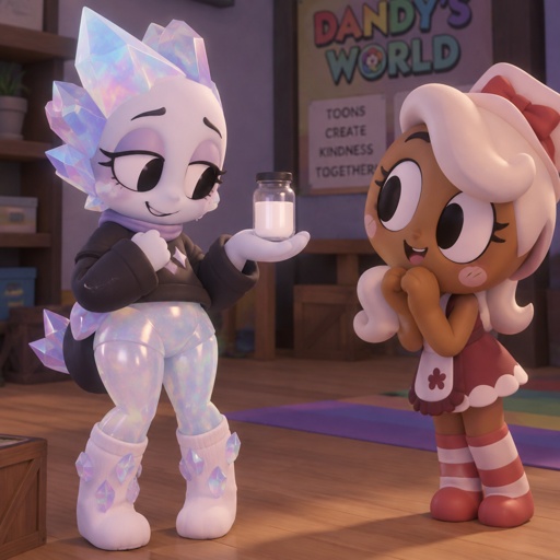 Ginger from Dandy’s world watching my dandy’s world Oc and summer main Crafter the Opalite shard who happens to be Gingers love showing her white Ichor aka Purified Ichor and Ginger notices that her legs and hips and waist are Opalite and the tops of her socks have Opalite crystals on them but she doesn’t mind 