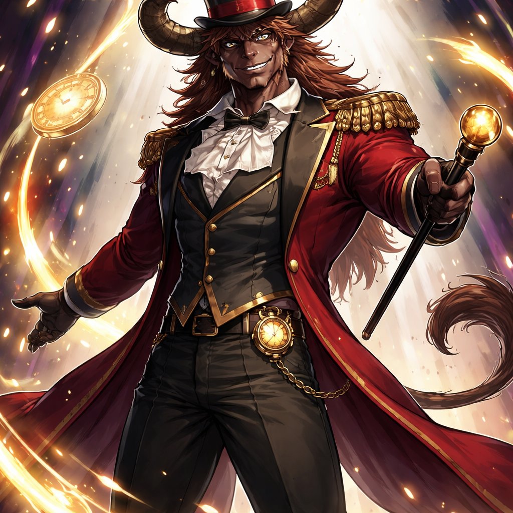 A captivating chestnut brown male Minotaur that’s 6 1/2 feet tall with well~proportioned figure/body with deep set cattle like brown eyes, large powerful gleaming horns like his fathers, a , long tail. He works at freak show as the ringmaster and his abilities are Reality Rejection, Time Manipulation (Chronokineses), Zoolingualism (Language of Cattle only), Human Speech. His outfit consists of a crimson tailcoat, frilly shirt, stunning grey blazer, black pants and top hat.