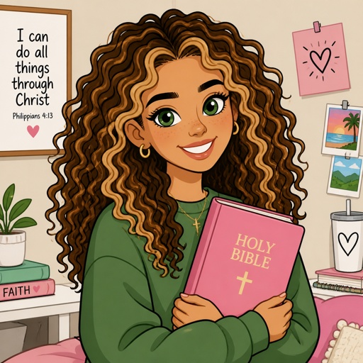 16 female brown and blonde curly hair green eyes holding a pink Bible