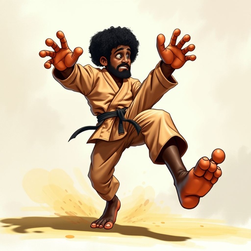 Create a character who looks like a funny African karate guy who doesn’t have a clue what he is doing. Make him have weird toes