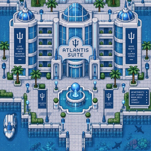 Apartment called Atlantis suite full building, for a futuristic fantasy city game, exterior, top down style