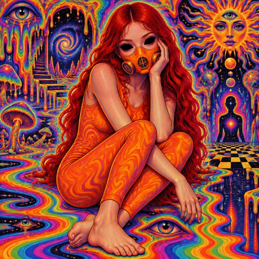 Female wearing an orange one piece legs covered sleeveless feet showing, red long hair, completely black eyes, orange breathing mask, 15 years old 