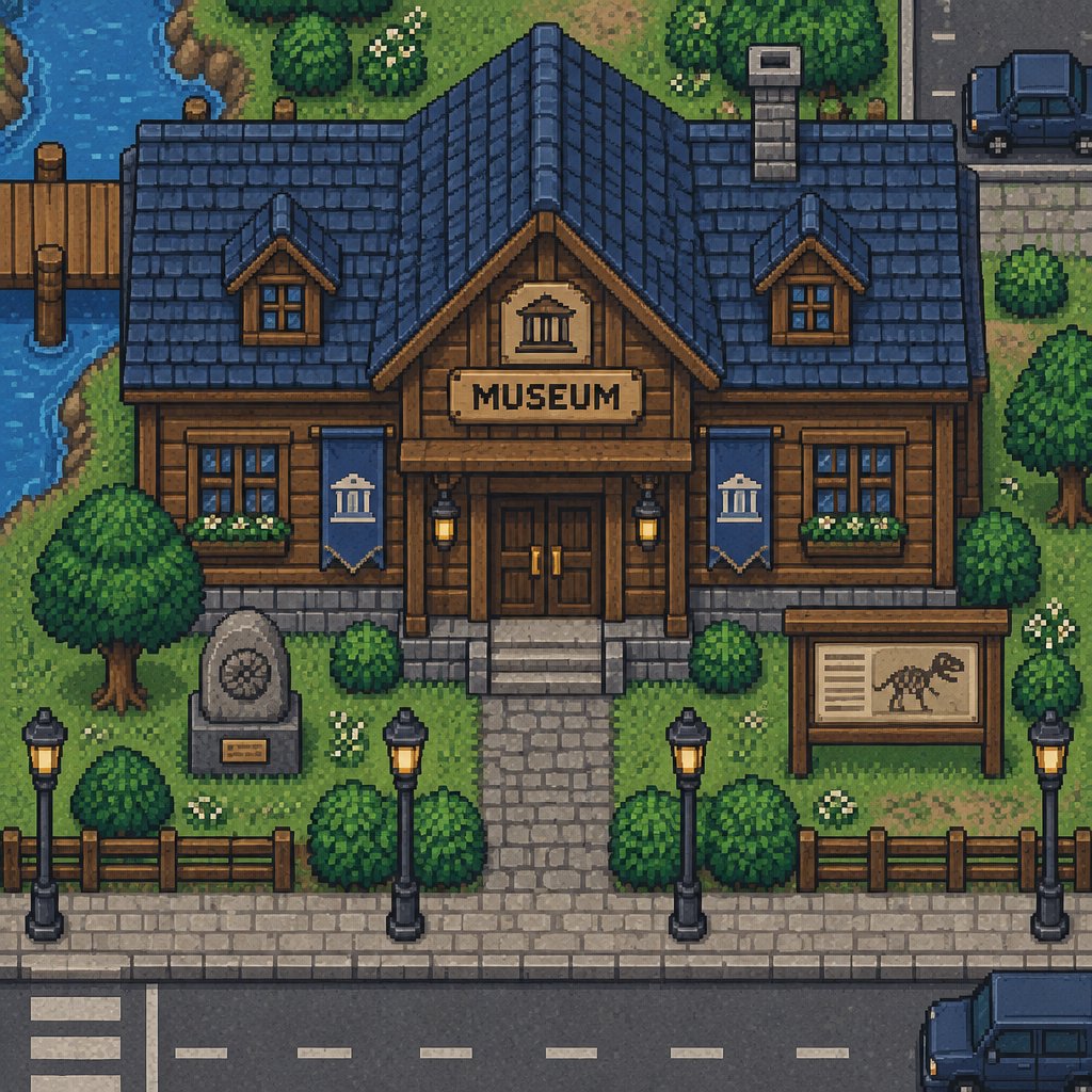 Old wood museum for a fantasy game set in modern times, exterior, top-down style,