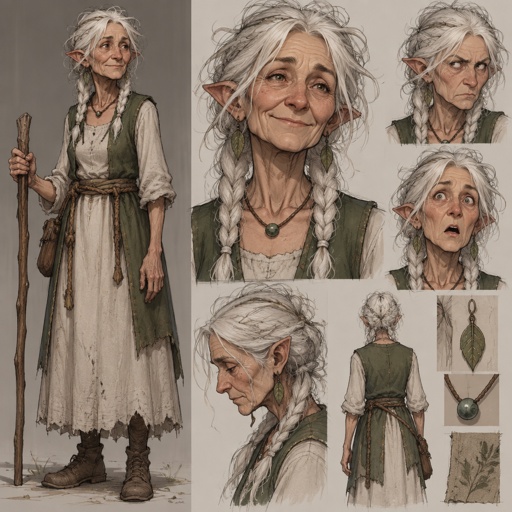 Female, wrinkled, slim, two braids, messy white hair, skinny, leaf earrings, dress, green vest, brown rope around waist, slightly pointy ears, strange, one bead necklace, concept, face expressions