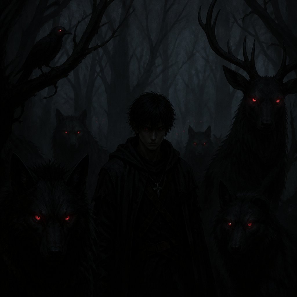 young male with animals with moo eyes