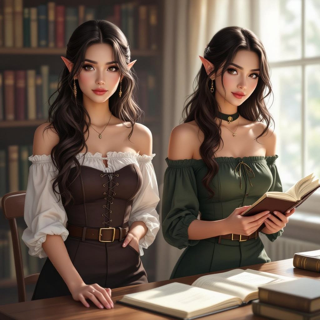 Dark Brown Hair Elf Witch Librarian in a Lace Tube Top and Pencil Skirt