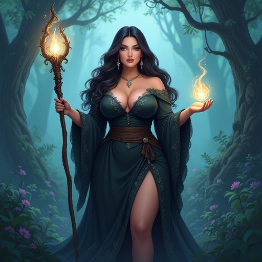 A curvey plus size witch with long hair