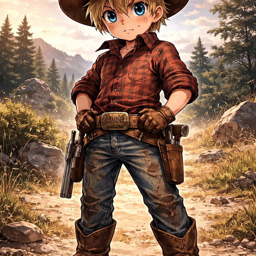Gritty, caucasian, eight year old boy, looks a lot stronger than your average eight year old, wearing a leather cowboy hat, a flannel button down long sleeve shirt, a brown leather belt with an oval silver belt buckle with the word Thompson imbedded into it, a loaded revolver in its case on his belt, a hunting knife in its sheeth on his belt, a pair of slightly dirty looking blue jeans, and leather boots that are slightly worn out.