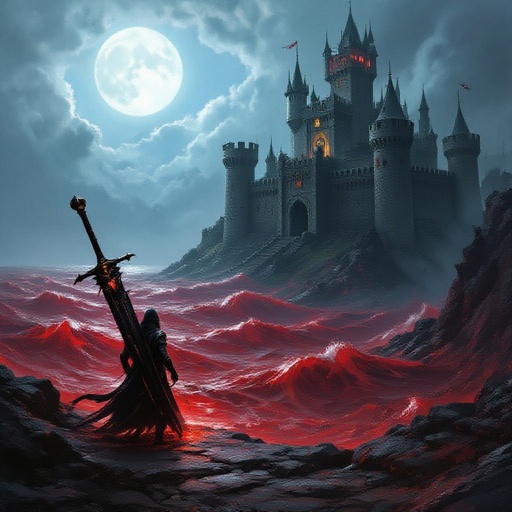 A soul bright eyes red mean seas and cold head a black sword a castle roar a mean bleed of a ticking key