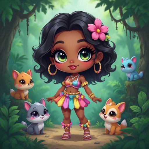 Create a chibi character lady who lives in the jungle, make her kinda dark skin