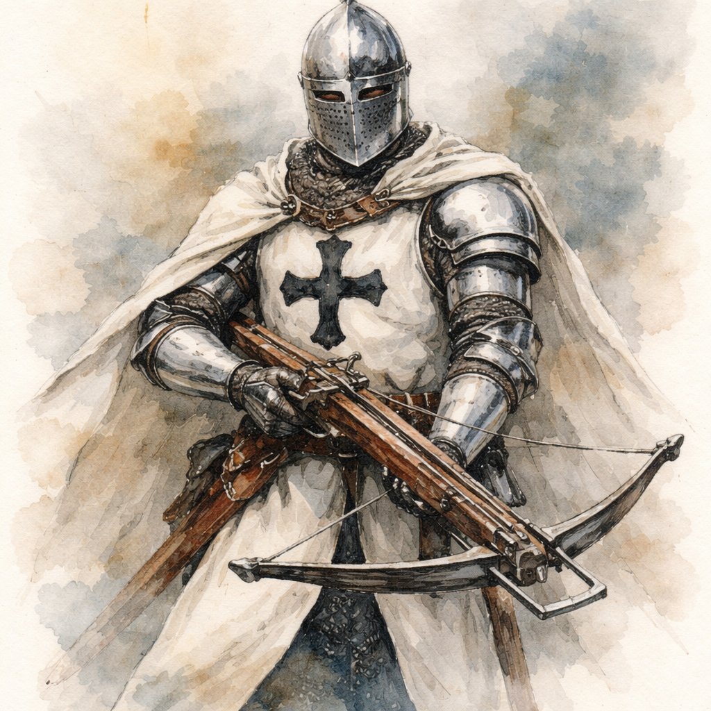 An elite crossbowman with white armour and a black cross on the armour
