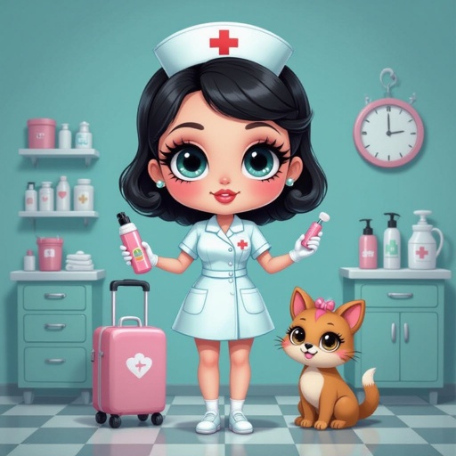 Create a nurse character showing there whole body head to toe, a lady who loves beauty products  