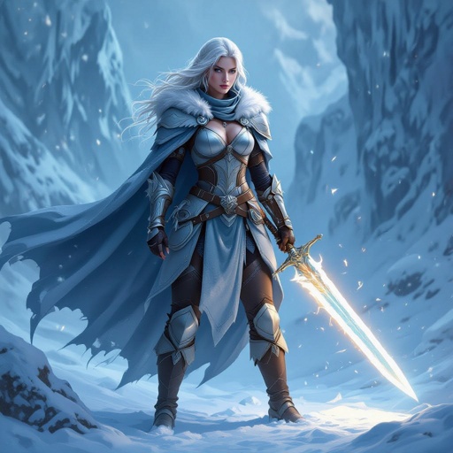 Create a battle woman hero called Alvara the Frostheart. Show full body head to toe including shoes