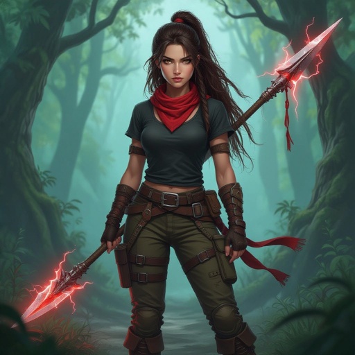 20 year old female with with a rugby-like build, dark brown eyes, pale brown stringy hair, holding a spear with red lightning coming out of the tip, wearing a red bandana on her head, wearing combat boots and military pants with a long black t-shirt.