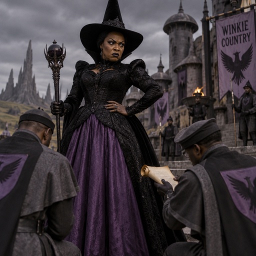 Evillene is a beautiful African American version of the wicked witch of the west . Her personality is tyrannical.she is cruel and demanding and she despises bad news .she wears a black dress and a purple skirt and rules over the winkie country which is located in the land of oz