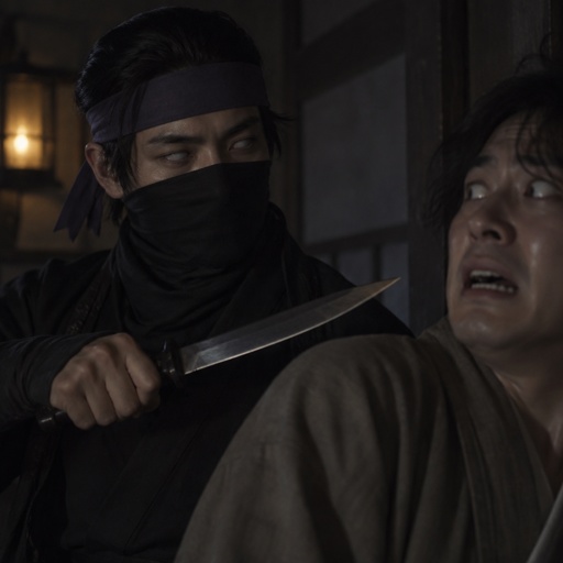Male,black hair bruised back with a purple headband some of his hair sticks out to his ears,is blind,wearing a black ninja mask,holding a knife, another person there with a scared face
