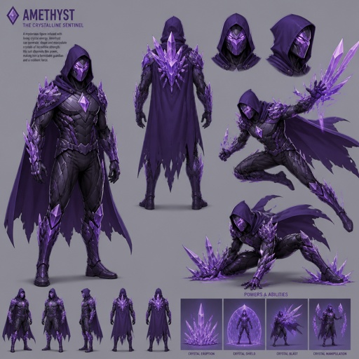 Male superhero with crystal abilities, full face mask, amethyst palette, hood, multiple of the same character 