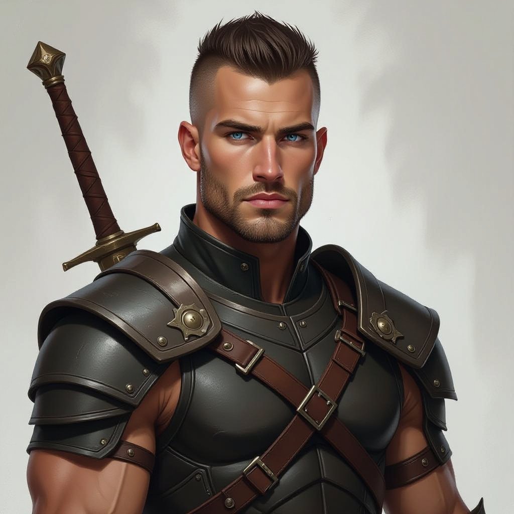 Mężczyzna. Wysoki o muskularnej budowie. Obcięty na jeżyka, wygolone boki na zero. Delikatny zarost. Mocna budowa ciała. Orli nos. Wąskie usta i jasne niebieskie oczy. Sportowiec. Ubrany.