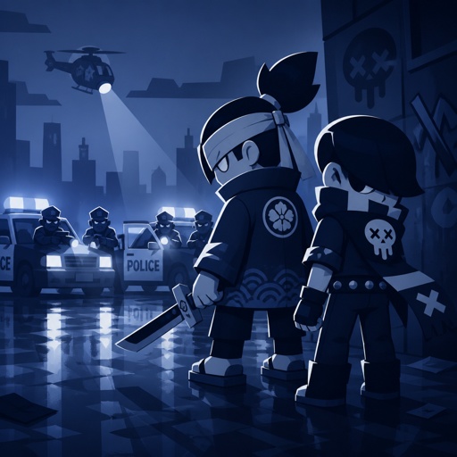 Kenji Mortis and Edgar from brawl stars, stand-off with the police