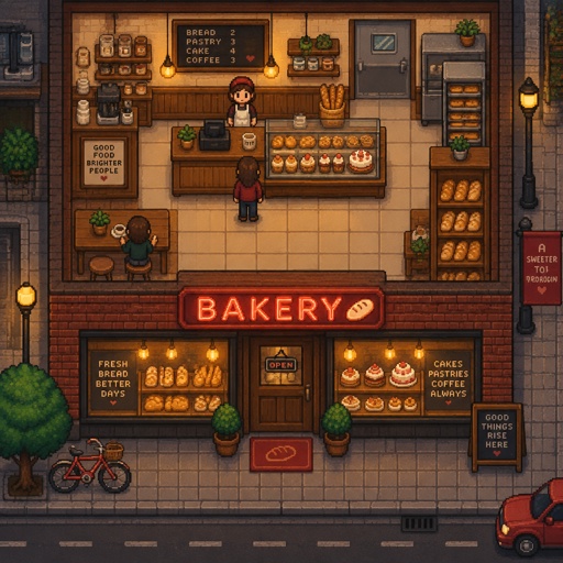 Bakery for a fantasy game set in modern times, top-down style,