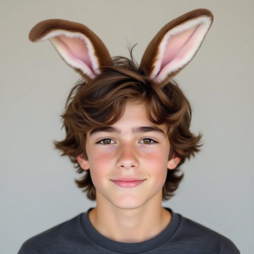Teenage boy with hare ears with brown hair