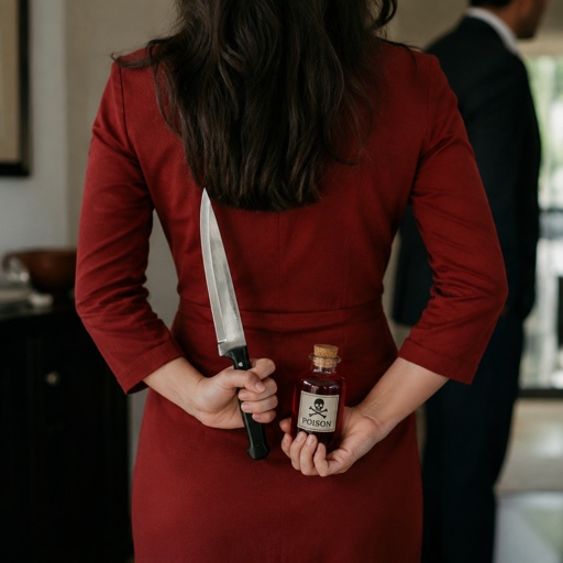 Woman with a knife and a bottle of poison behind her back 